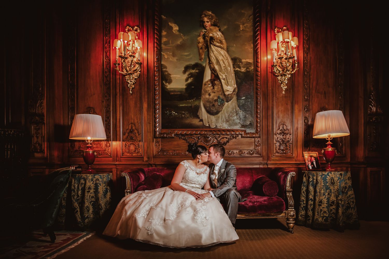 Nicola and Ashley seated together in one of the historic rooms at Knowsley Hall