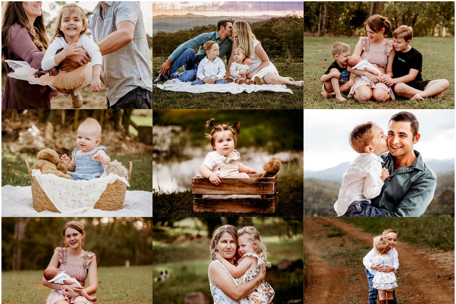 Collage of candid family moments and portraits in outdoor settings.