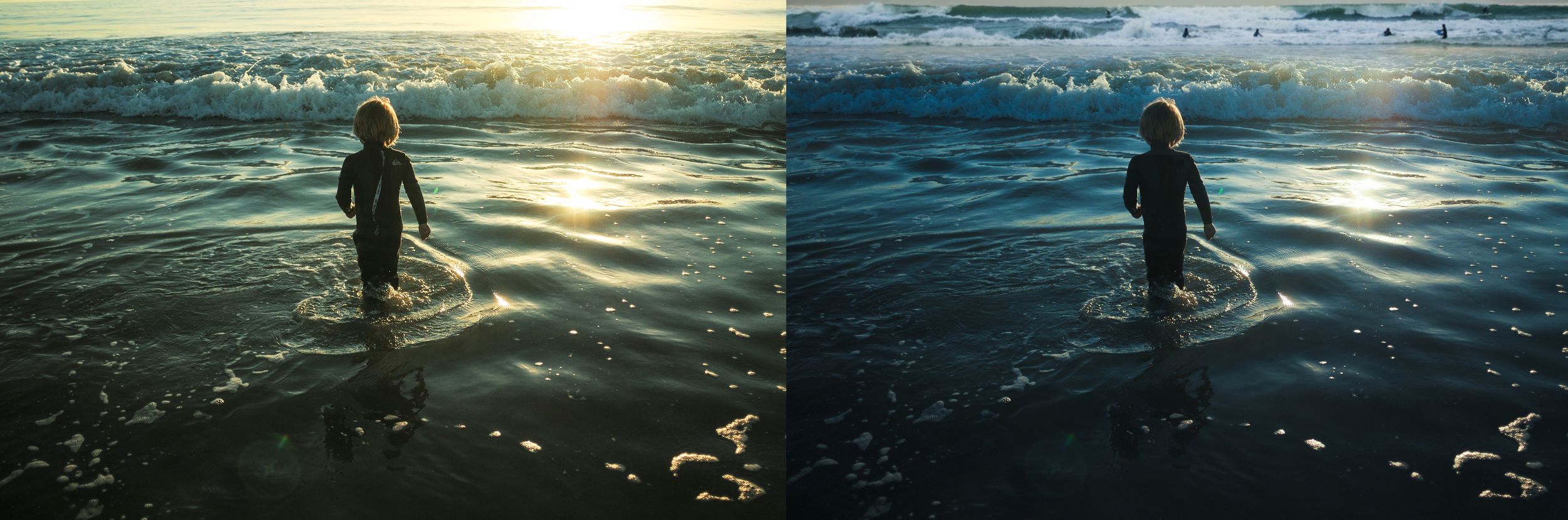 Before and after photo edit of a child standing in ocean waves at sunset on a beach.