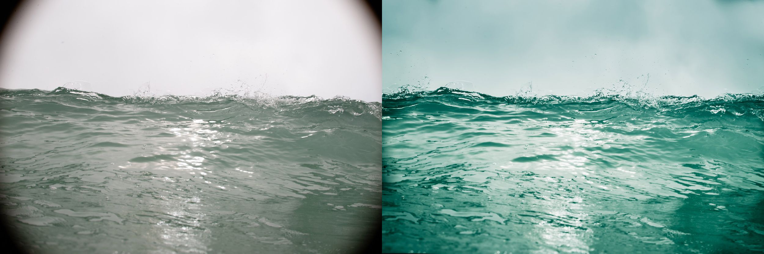 A diptych comparison of ocean waves showing a faded vintage photo beside a vivid teal-toned version.