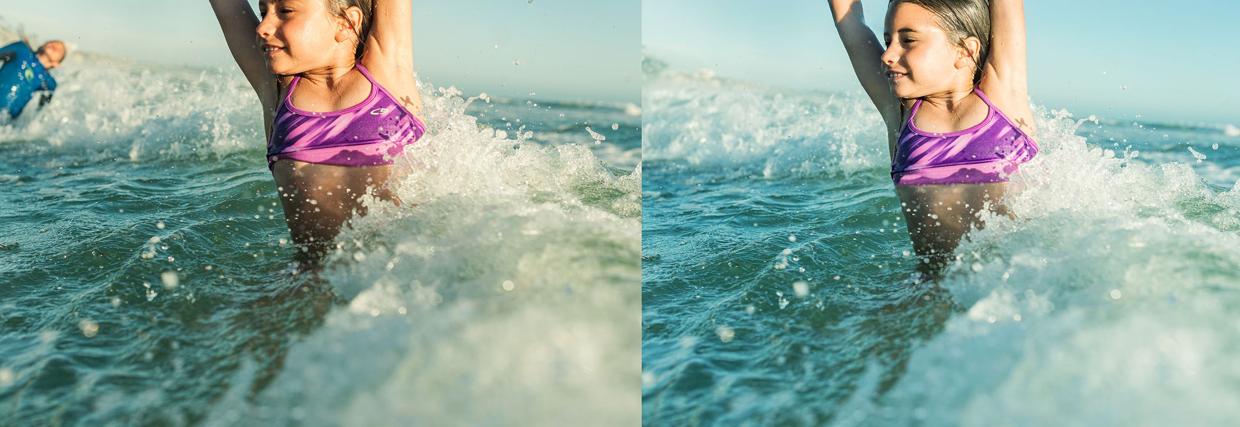 Before and after photo edit of a woman in purple swimsuit splashing in ocean waves.