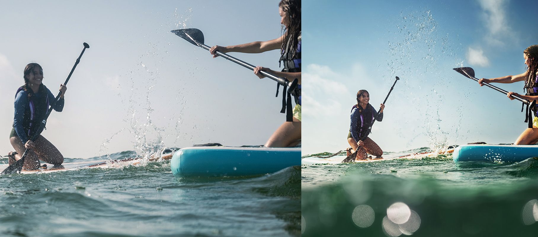 Dynamic split-image of a woman paddleboarding on the ocean, capturing splashing water and action.
