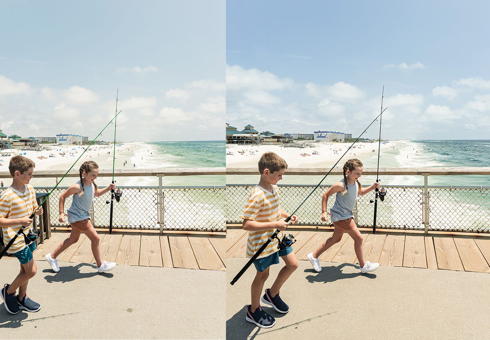 Two children carrying fishing rods walk along a sunny beachside pier in a before-and-after photo.
