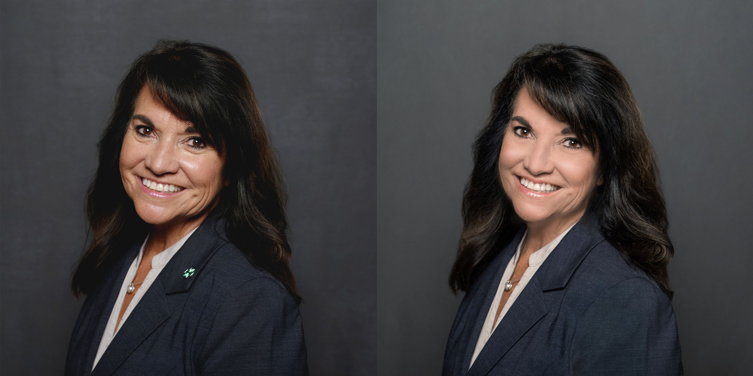Professional headshot showing the same pose with hair down and blazer against a dark background illustrating before and after retouching