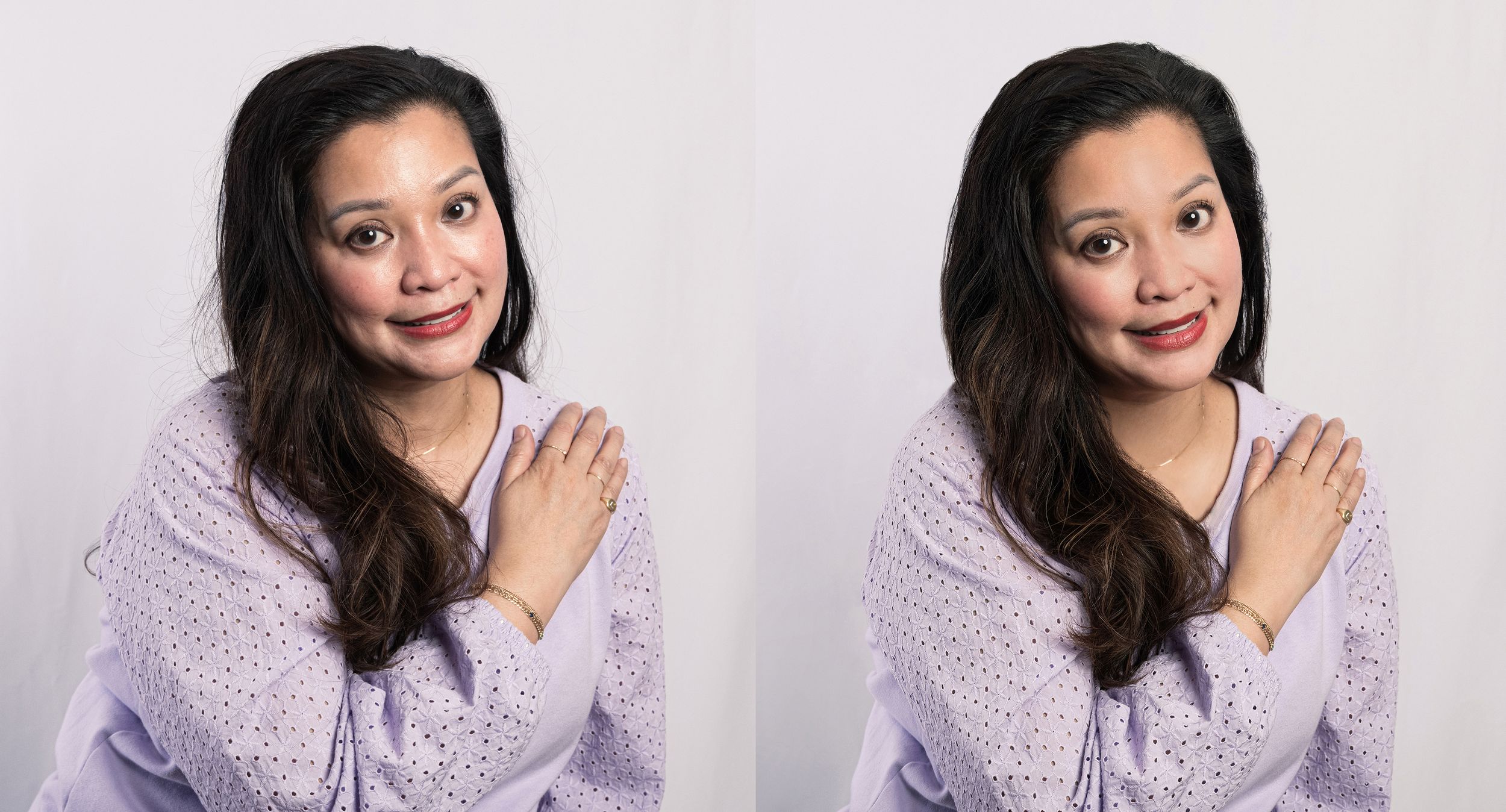 A diptych portrait of a smiling Asian woman in a lavender top with hand on chest against a white background.