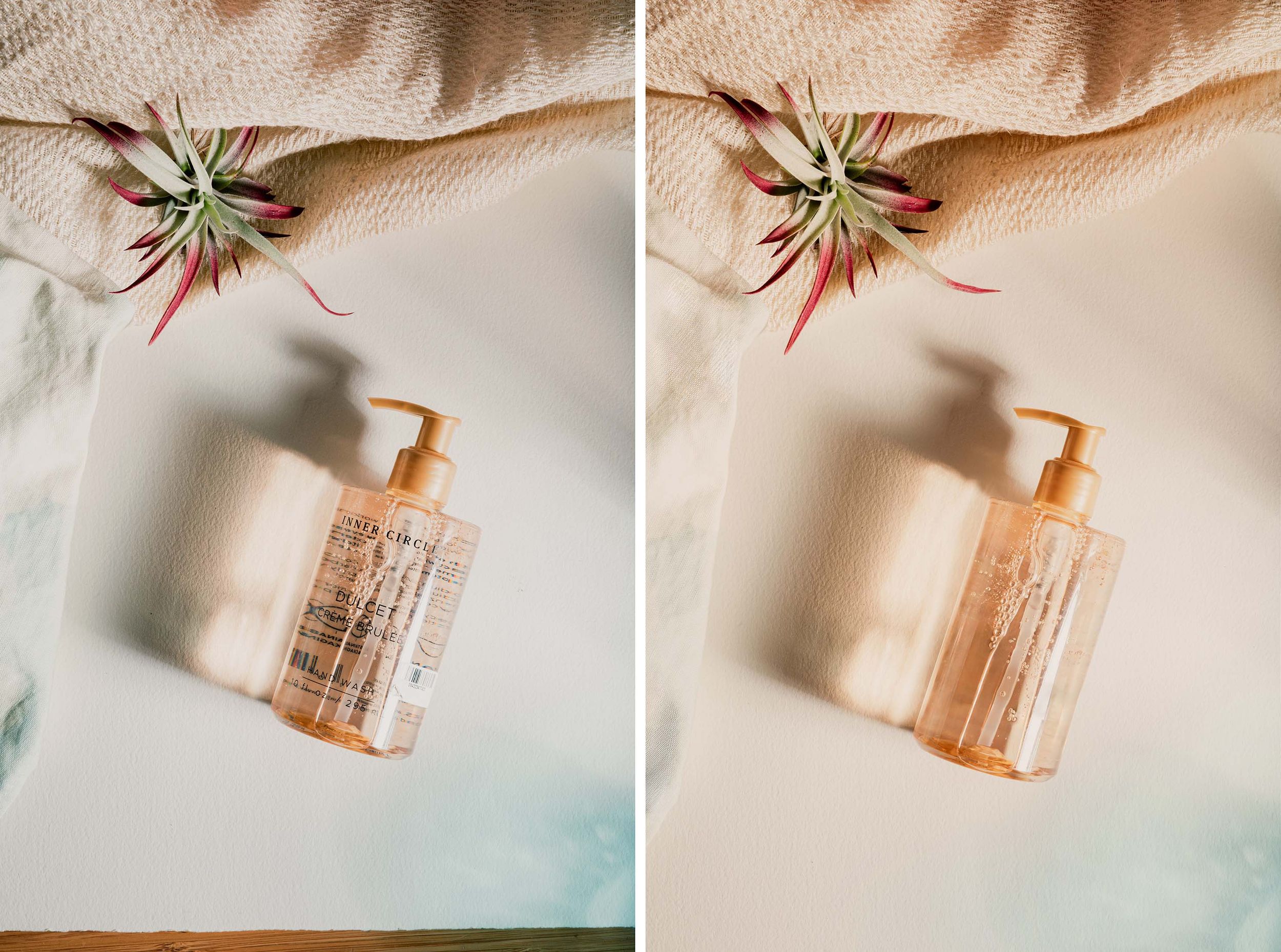 Side-by-side flatlay of peach pump bottle lotion with air plant on white surface.