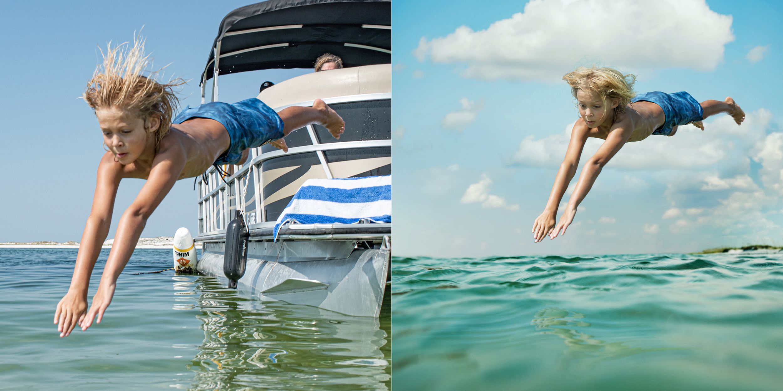 A split image of a blonde child diving off a pontoon boat into calm shallow ocean water on a sunny day.