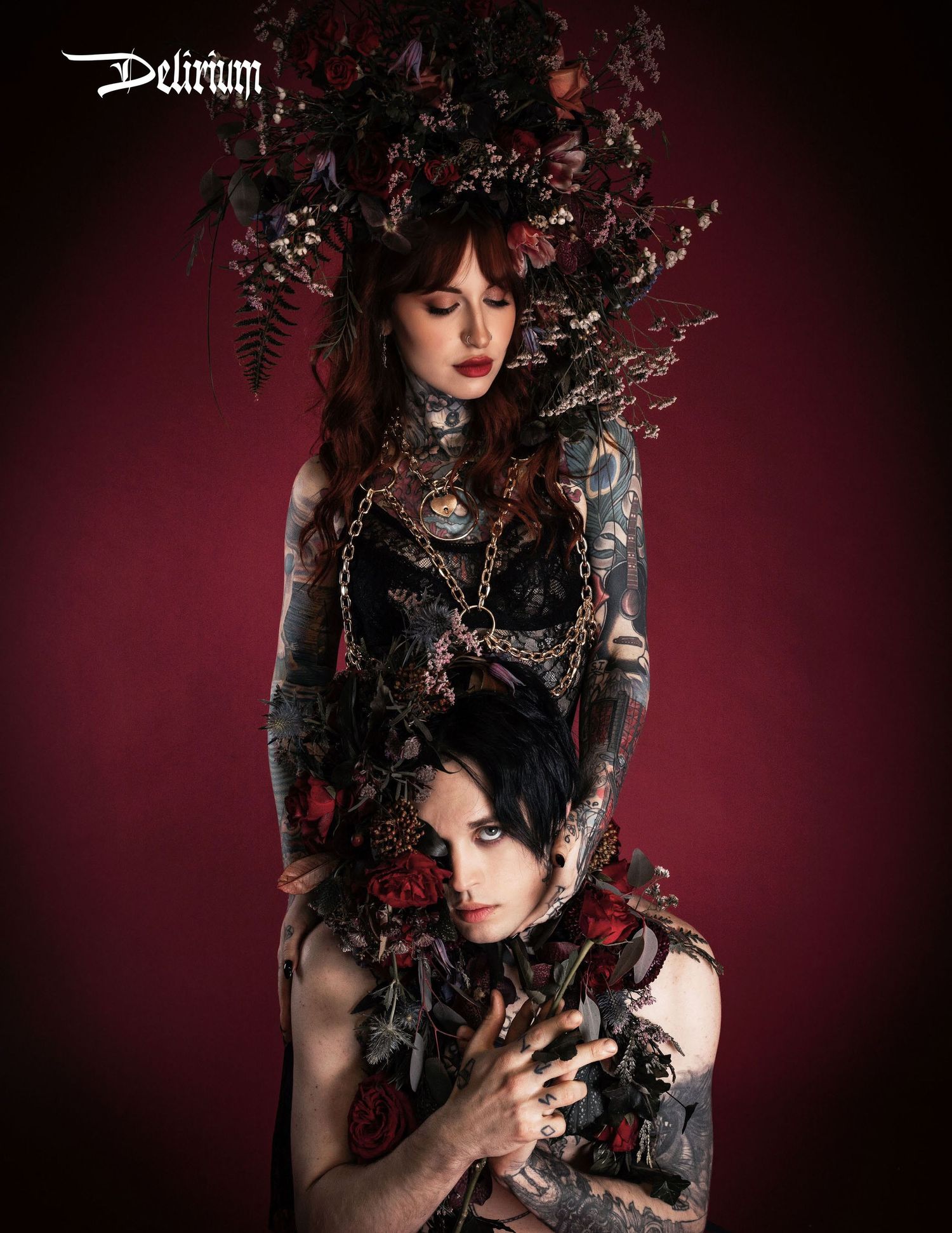 Tear sheet of Delirium Magazine featuring Louie and Erin wearing florals and lace