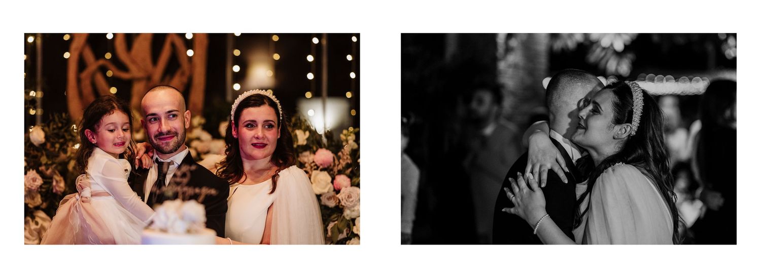 Couple sharing a tender slow dance moment under warm golden lights at wedding reception.