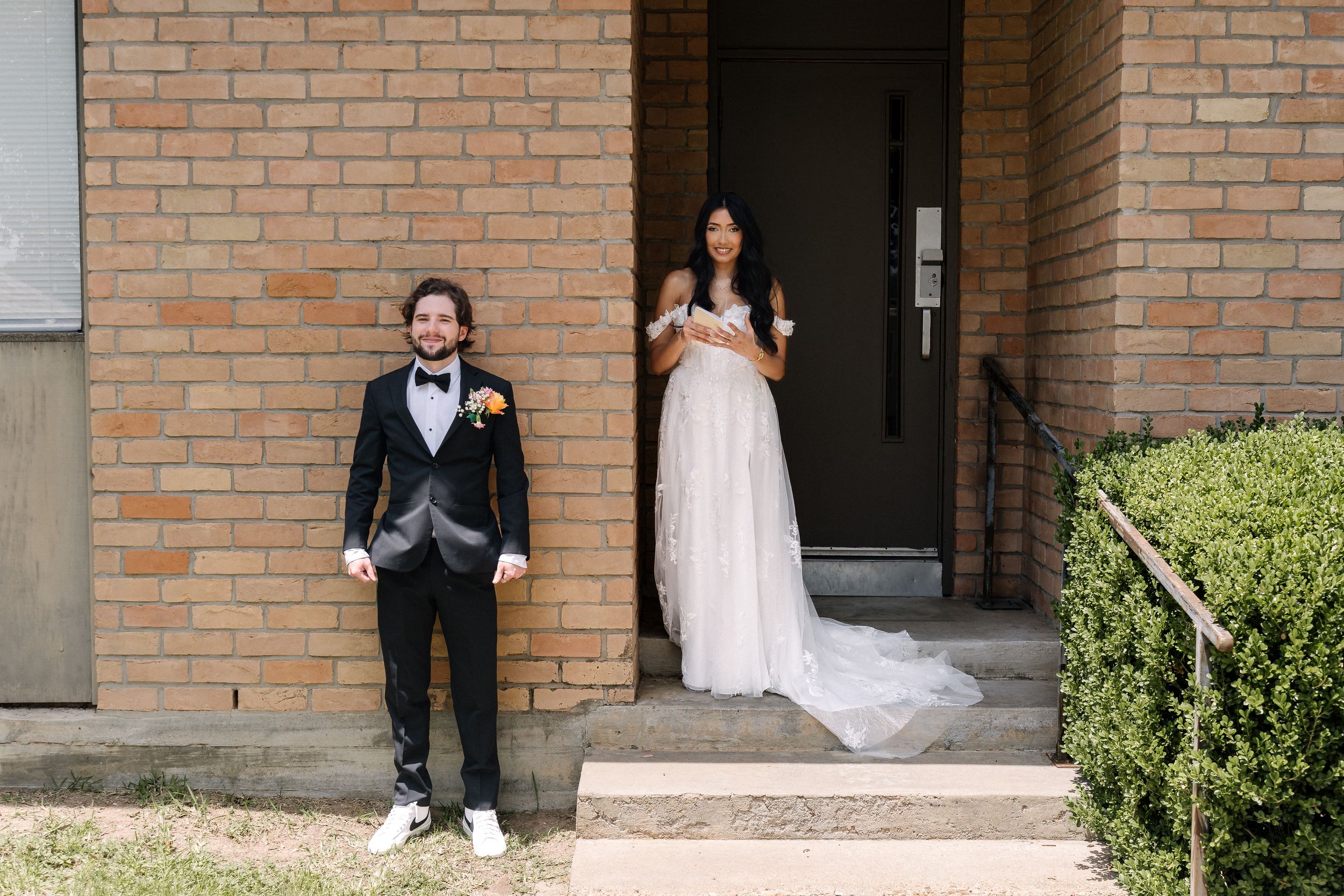 A series of wedding party photos on a brick patio showing joyful moments between people in formal attire.