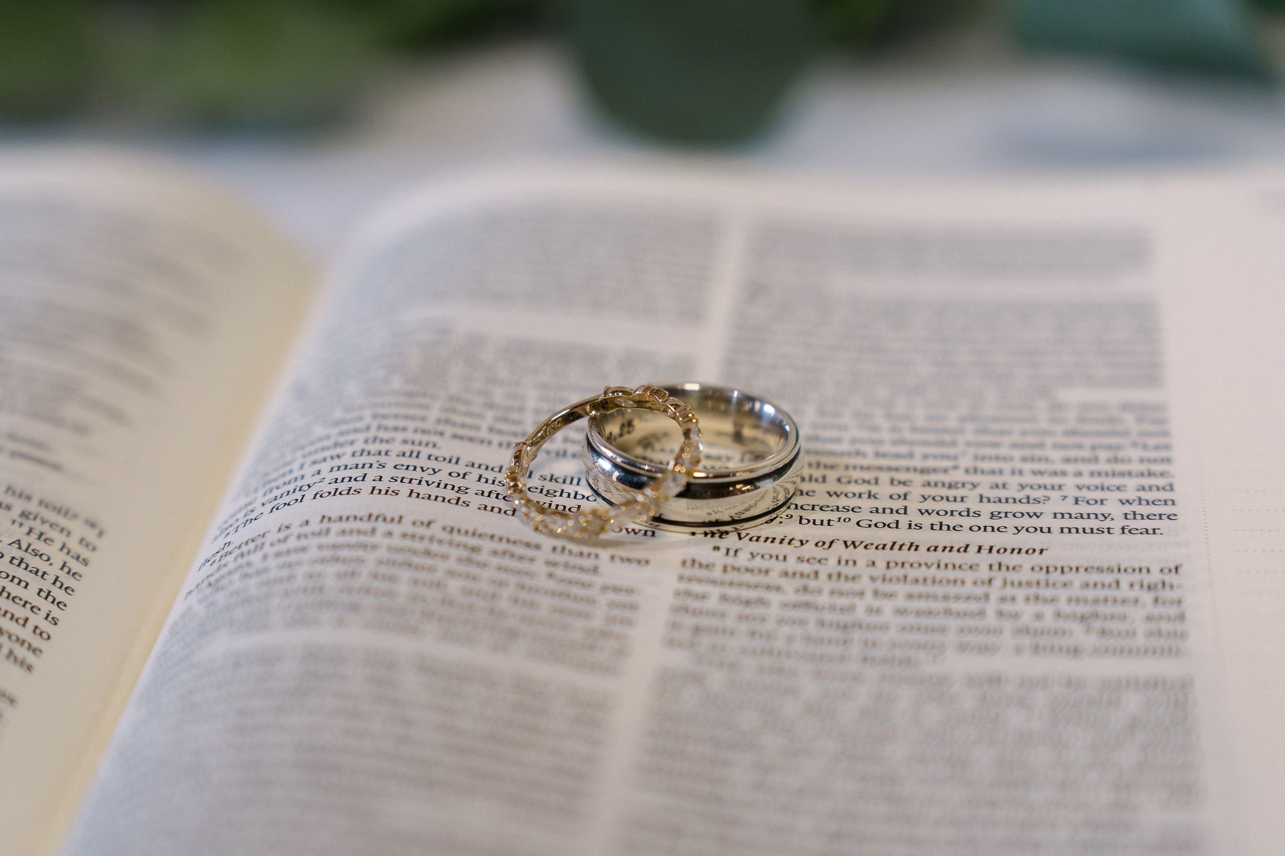 Gold wedding rings rest on the pages of an open book, creating a romantic photography composition with text in soft focus.