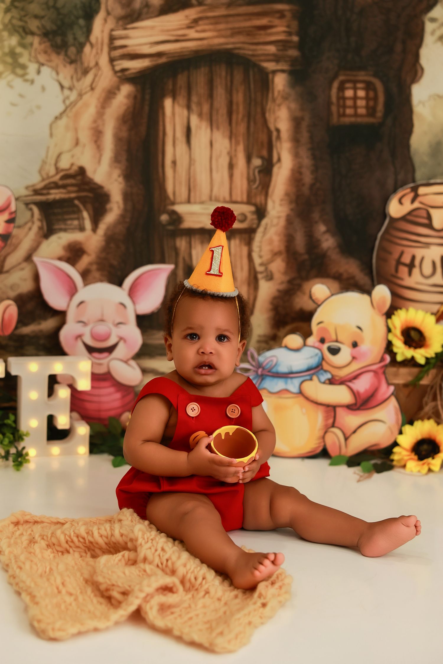 Baby in red outfit sits on beige blanket with decorative Winnie the Pooh themed backdrop featuring plush animals and flowers.