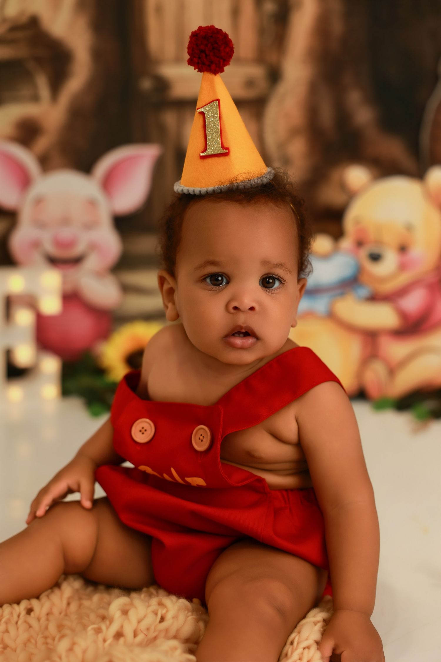A one year old wearing a red outfit and party hat poses for birthday photos with cartoon characters in background.