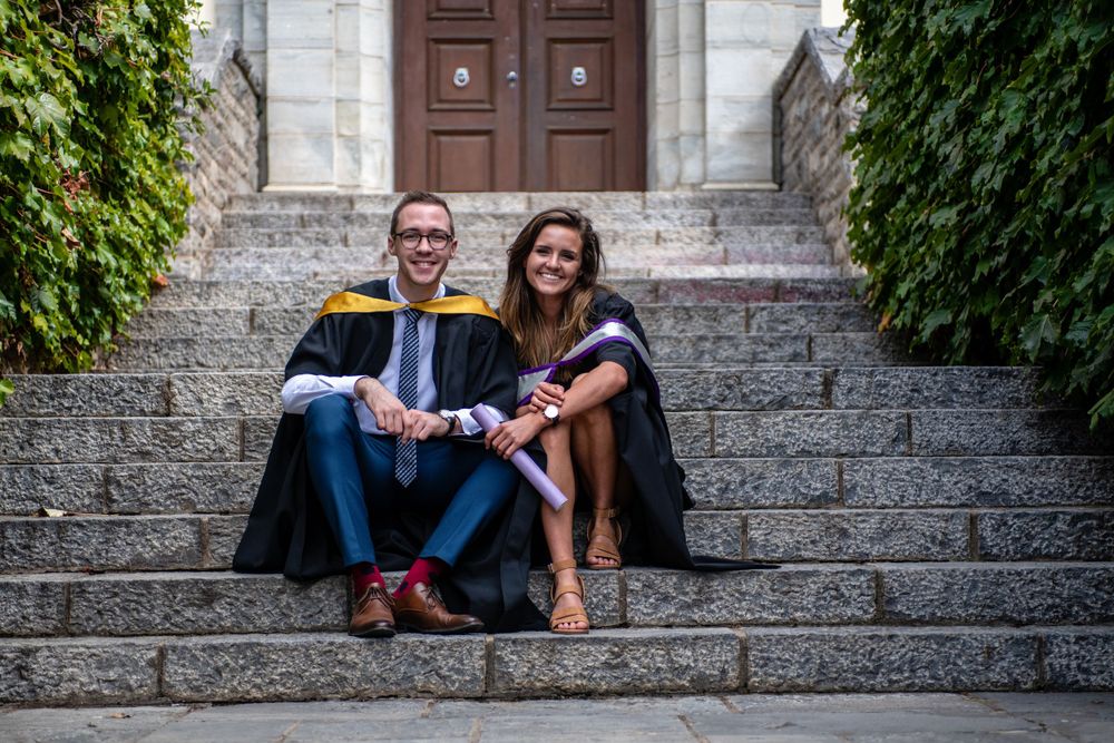 A couple posing for Rhodes Graduation photos in Grahamstown Makhanda in the Eastern Cape