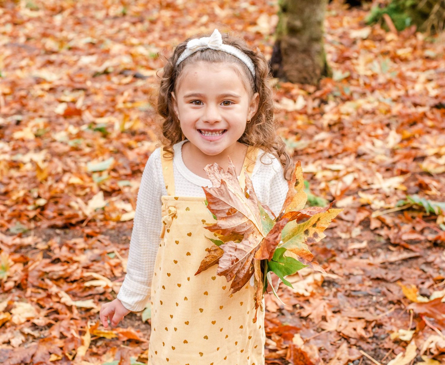 Playful moments captured in a forest setting with autumn leaves scattered on the ground.