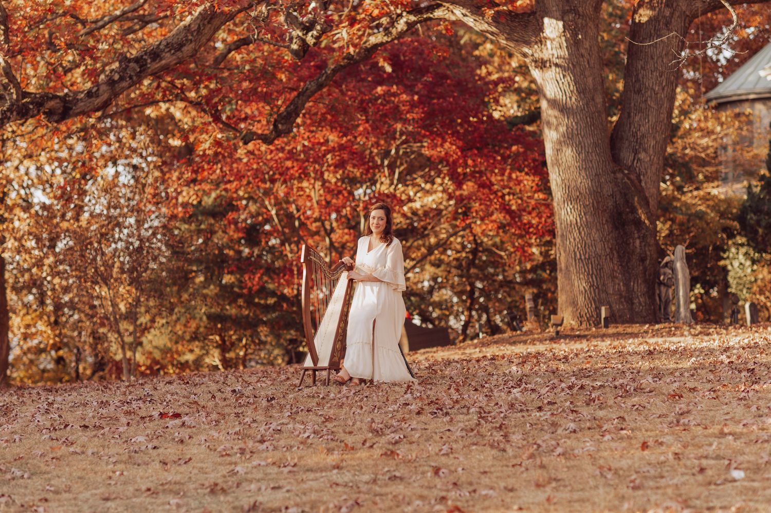 A figure in a flowing white dress stands beneath vibrant red autumn foliage in a park setting.