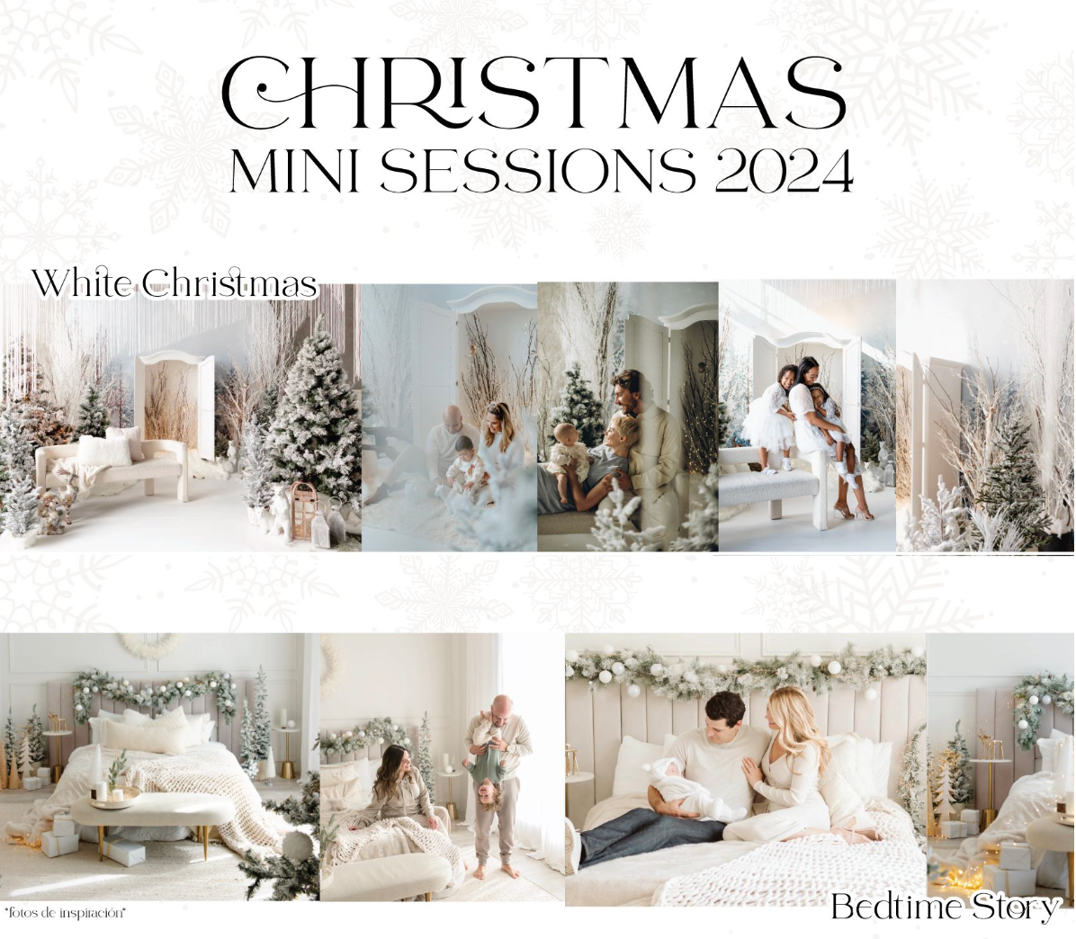 Collection of white Christmas mini session photography setups with winter decor and trees.