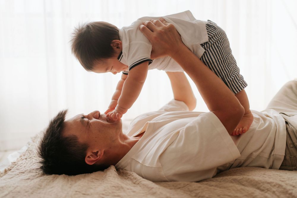 Playful bonding moments captured in sequence on white background.