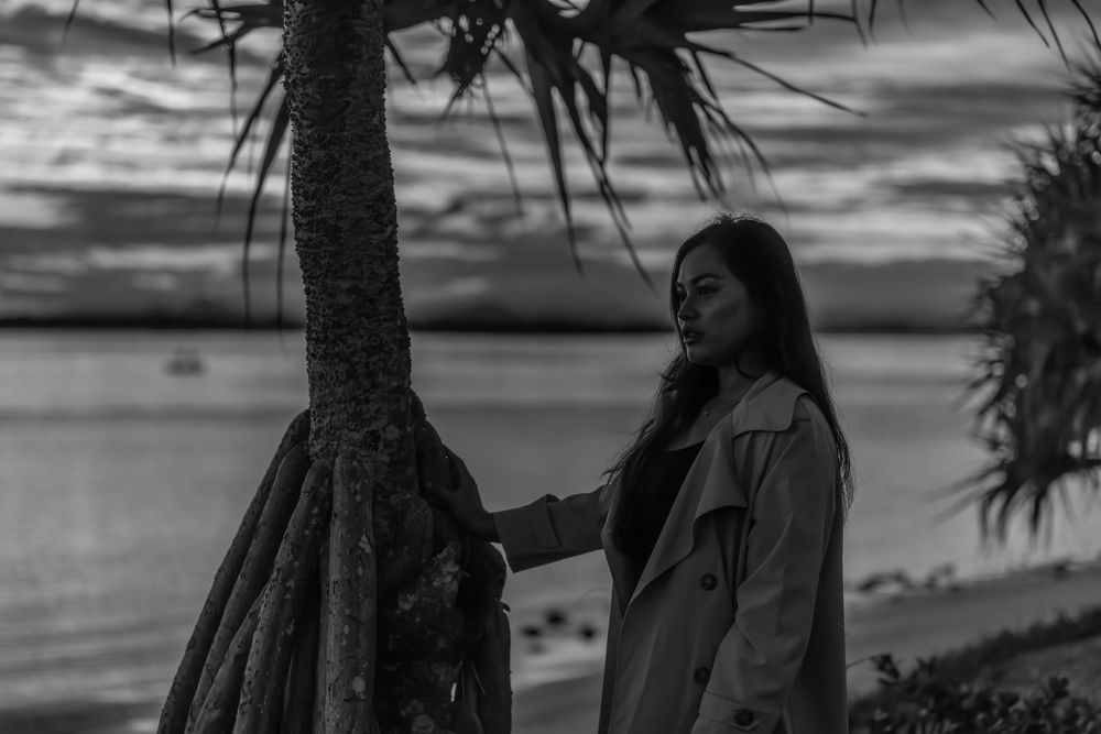 Black and white image of someone leaning against a palm tree at dusk by the ocean.