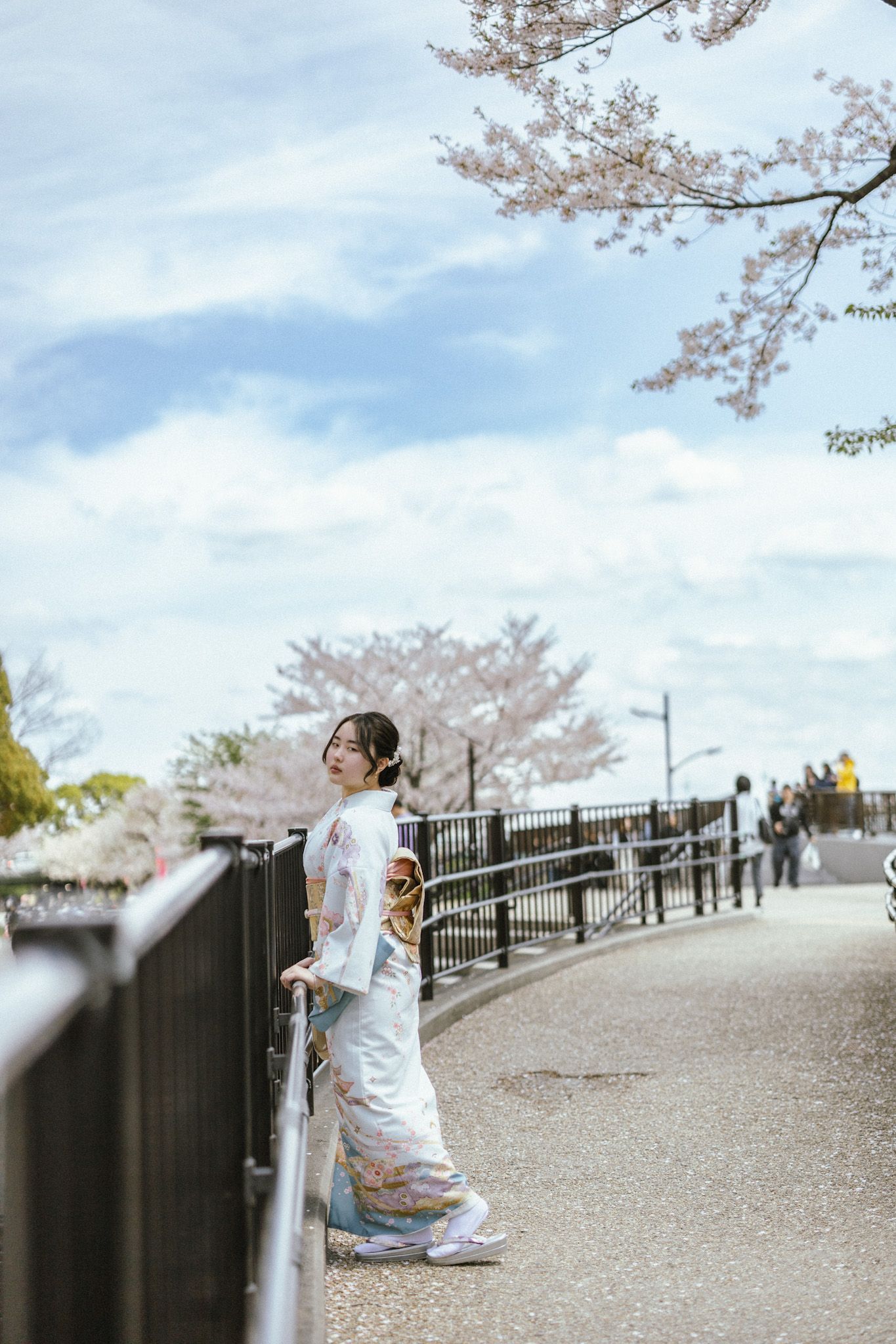 Person in elegant kimono standing by railing under cherry blossoms with blue sky backdrop.