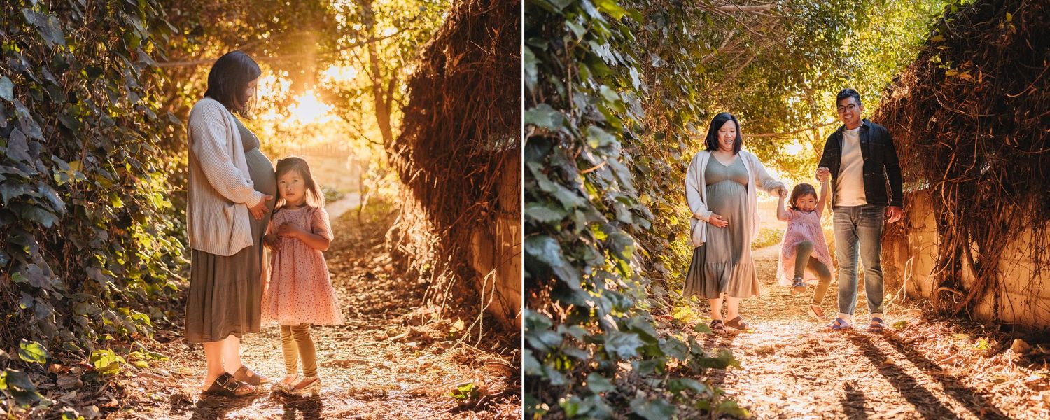Family portraits captured on a sunlit forest path during golden hour.