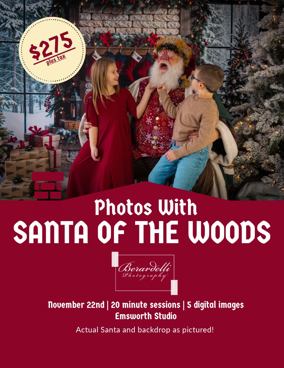 A holiday photo session advertisement featuring a festive winter scene with decorative trees and a $275 price tag.