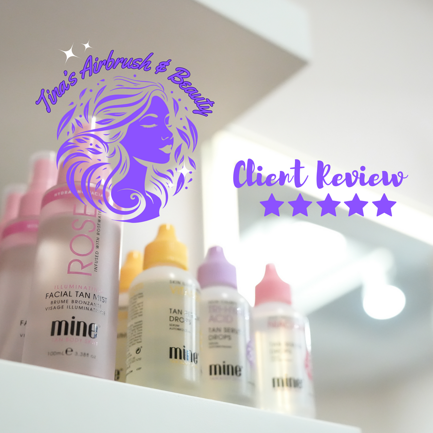 Beauty product bottles displayed with purple logo and 5-star client review overlay.