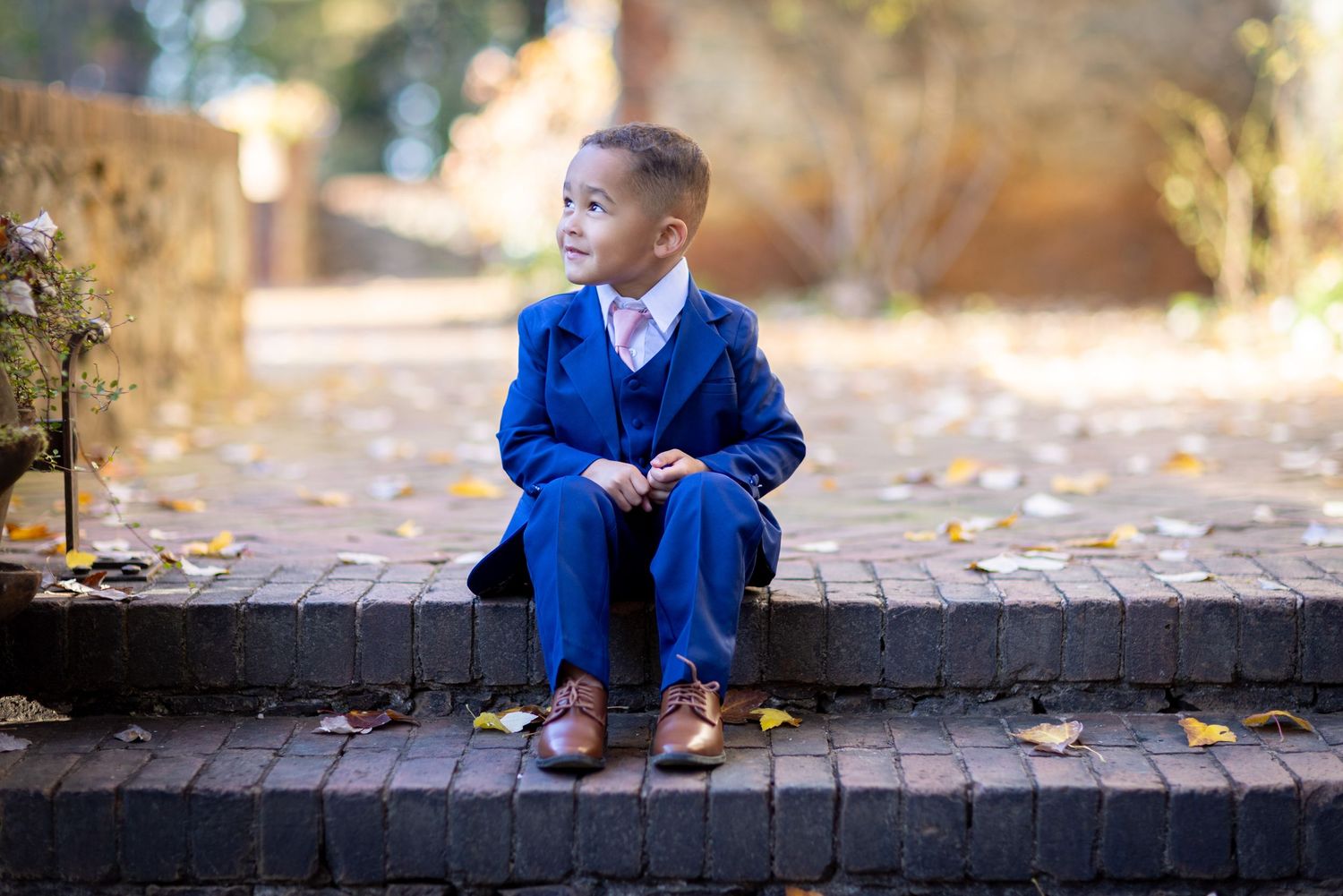 A small child in a smart blue suit sits on brick steps surrounded by autumn leaves.