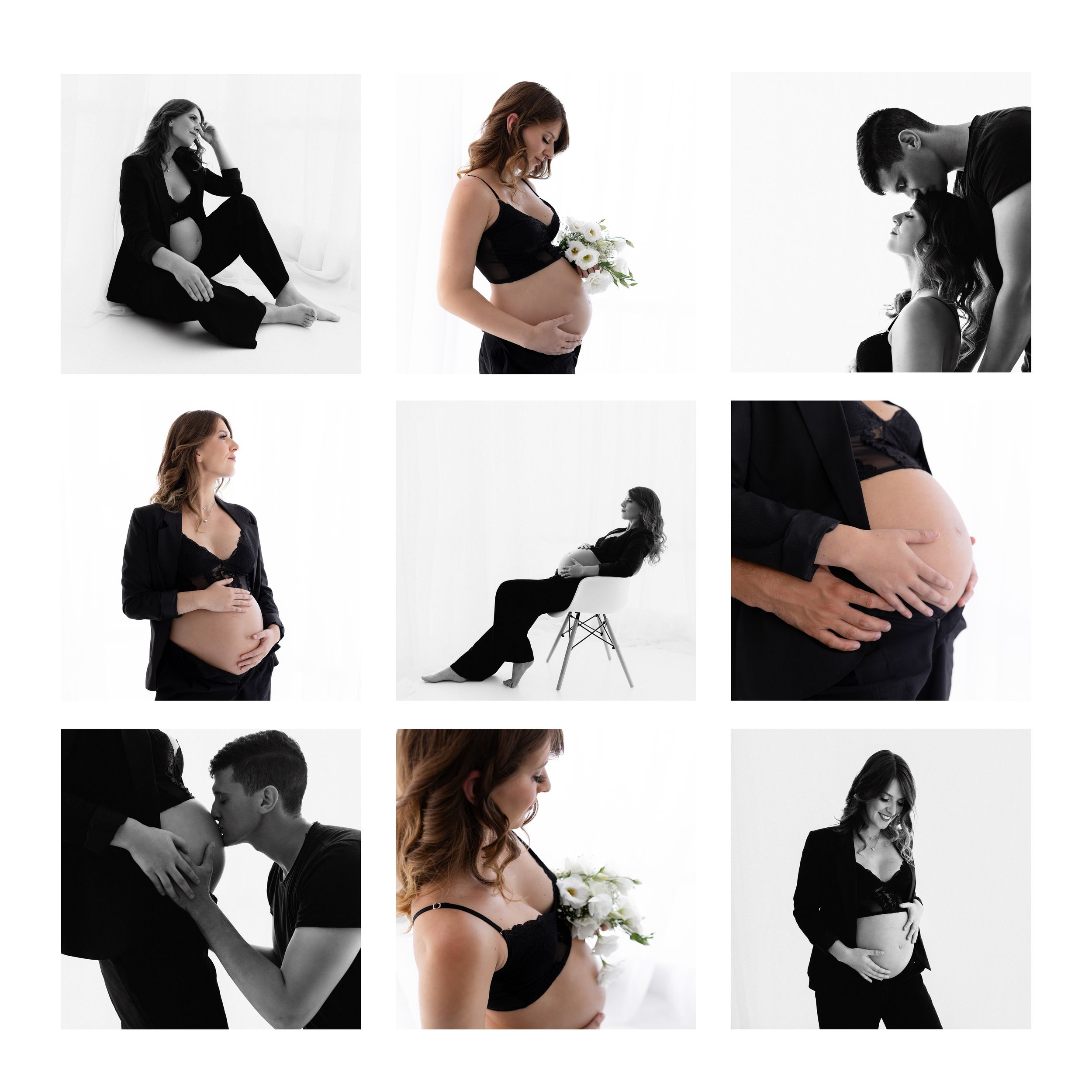 Collection of artistic black and white maternity photography shots showing different pregnancy poses.