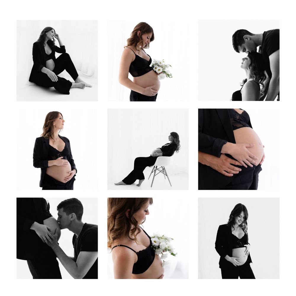 Collection of artistic black and white maternity photography shots showing different pregnancy poses.