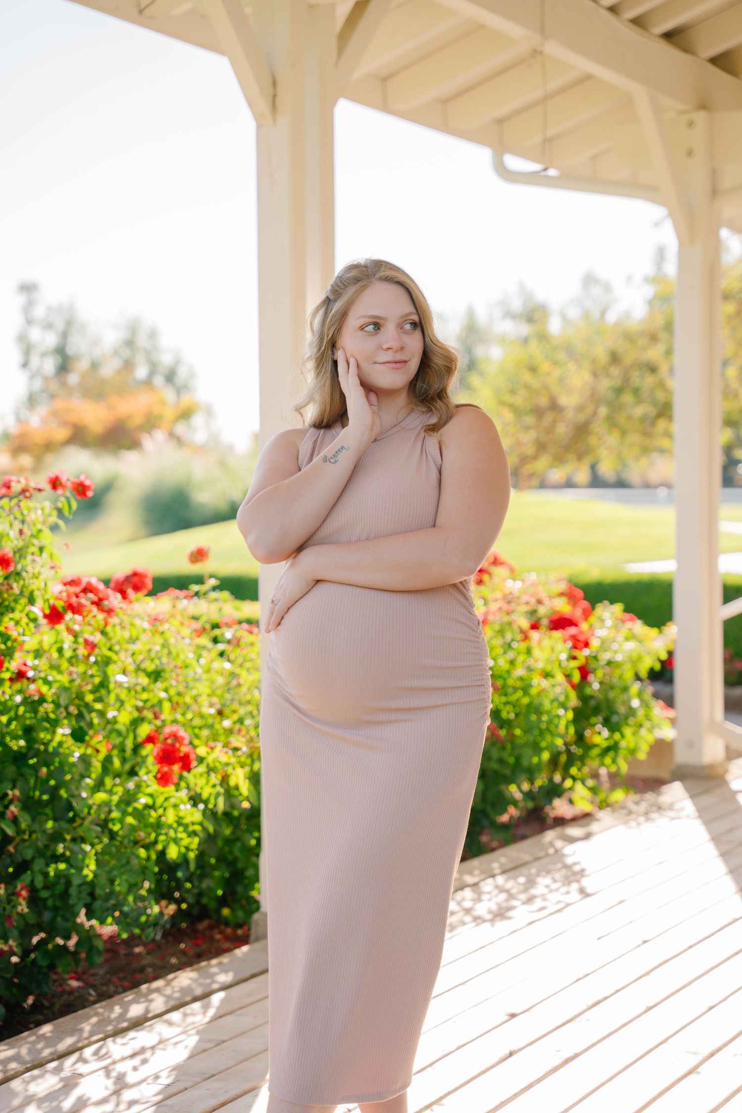 Pregnant woman in blush maxi dress poses gracefully under garden pavilion surrounded by vibrant red roses.