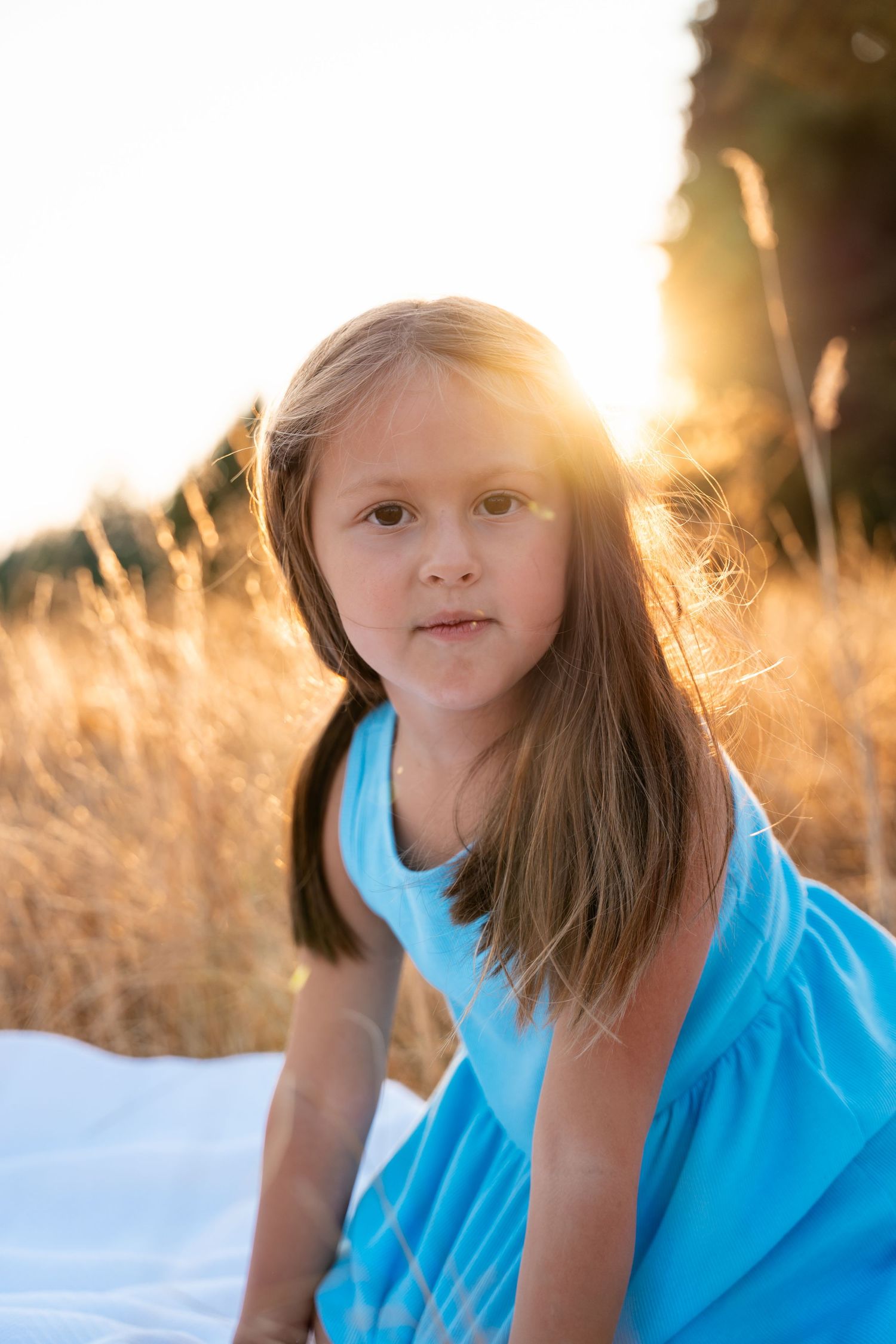 Young girl in blue dress sits in golden sunlit field at sunset.