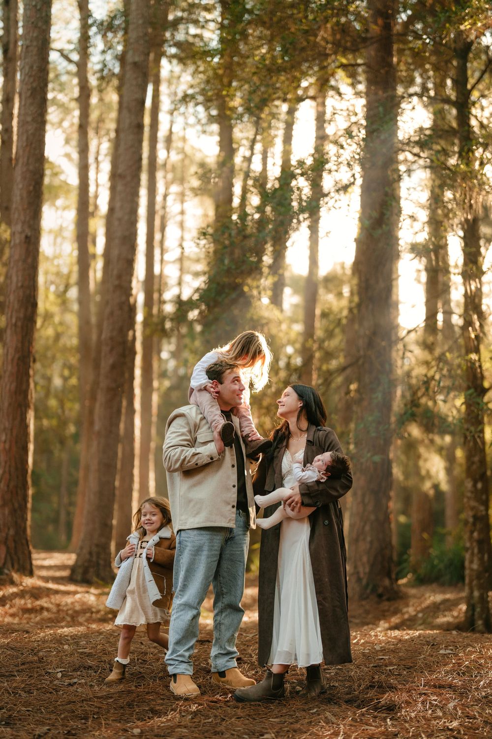 Family of four poses in sunlit pine forest, parents holding children in warm autumn tones.