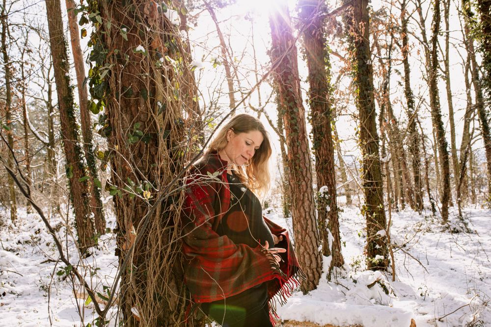 Snowy winter forest scene with sunlight streaming through bare trees and figures throwing snow in the air.