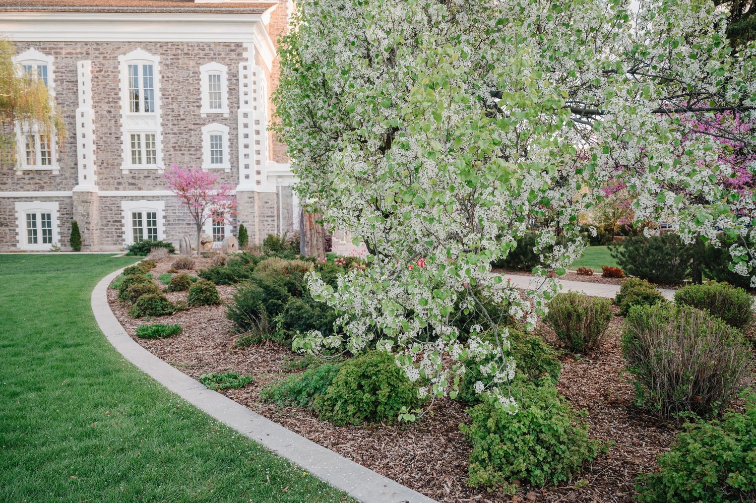 A curved garden path leads to a brick building with landscaped flower beds and blooming trees in spring.