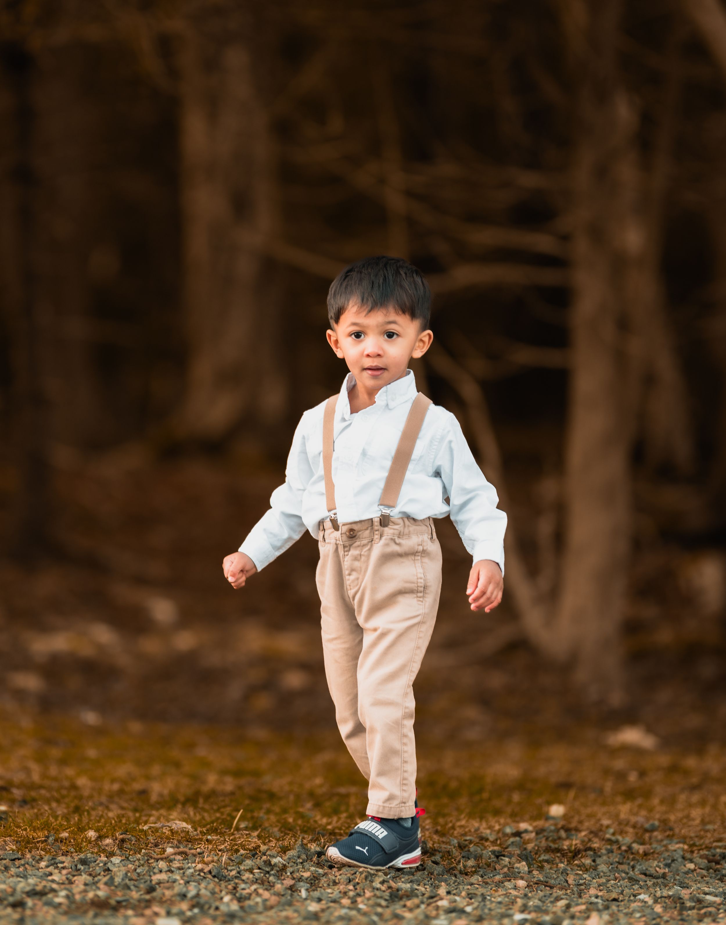 Small child in suspenders and white shirt walks through fallen leaves in autumn.  New Brunswick Wedding photographer
