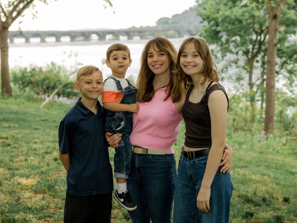 Series of outdoor family photos showing multiple people posing together in casual wear among trees and greenery.