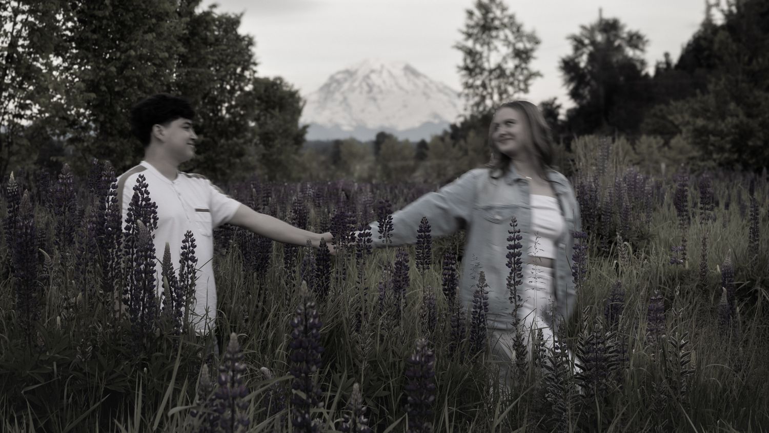 A couple walk through a field of flowers with Mount Rainier visible in the background.