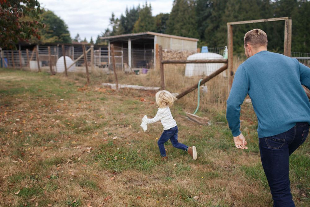 A father plays tag with his young son at a family farm photo session in Snohomish WA