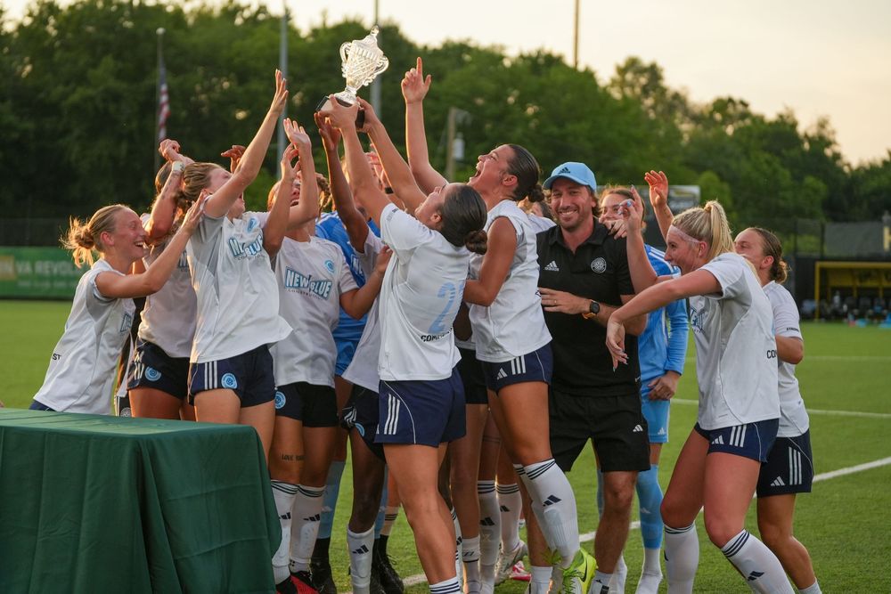 Athletic team celebrates victory by lifting trophy together on green field at sunset.