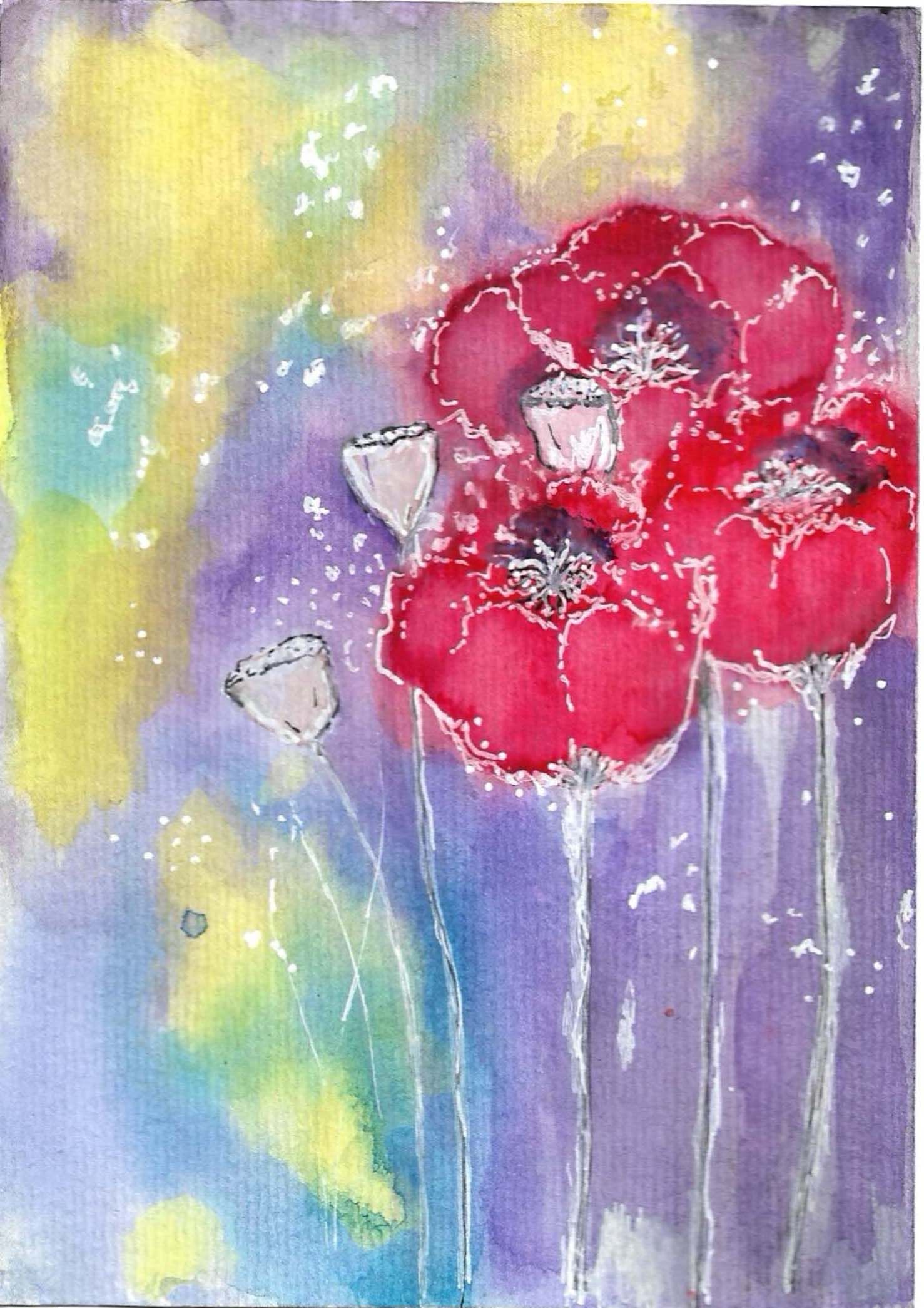 Dreamy watercolor painting of red poppies with white details against a purple and yellow background.