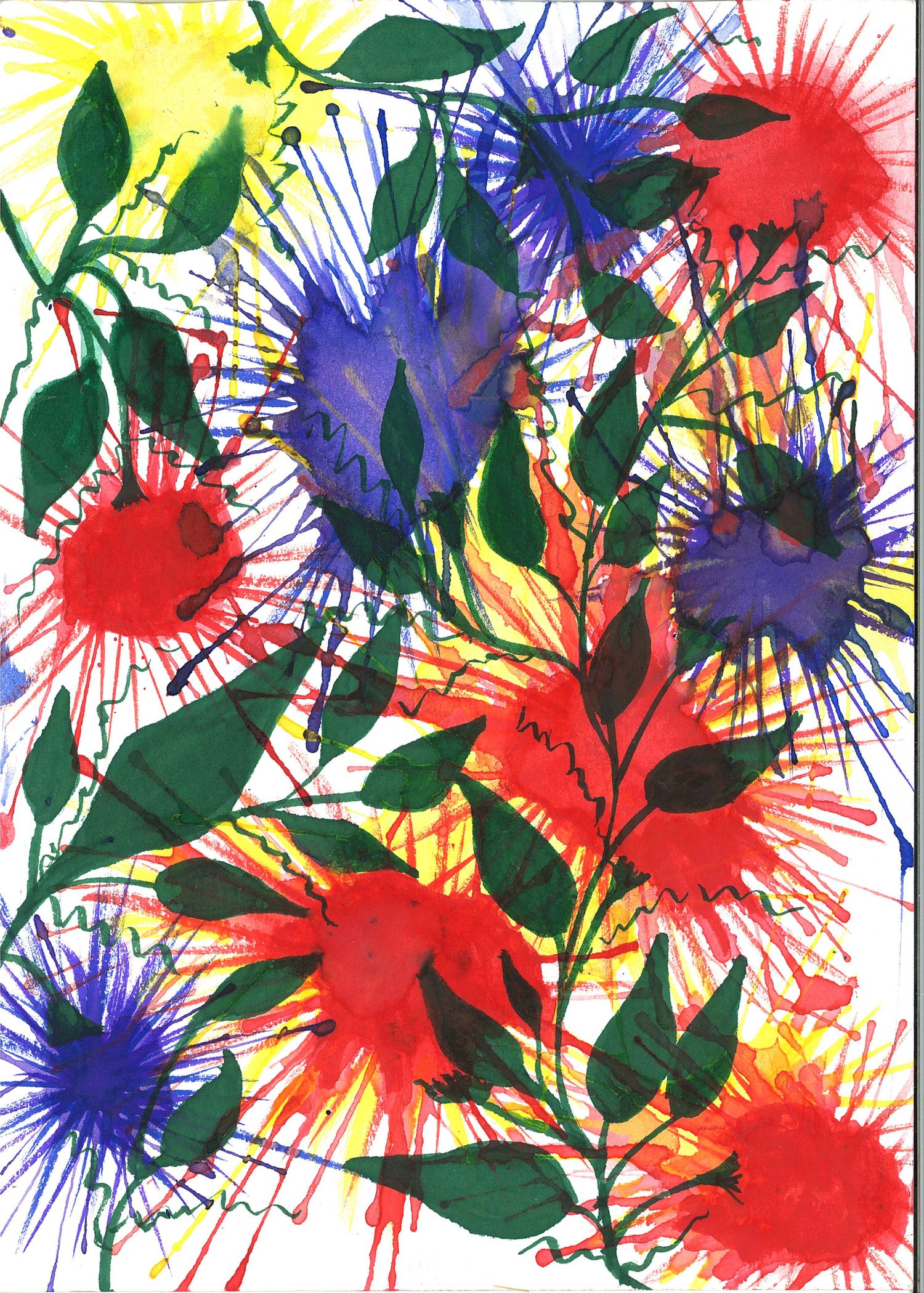 Vibrant abstract floral pattern with red and blue paint splatters and green leaves on yellow background.