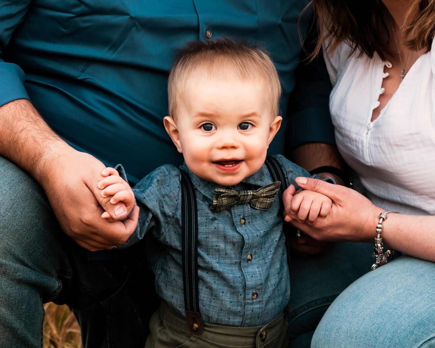 Close-up detail shots showing denim and casual clothing against a dark background.