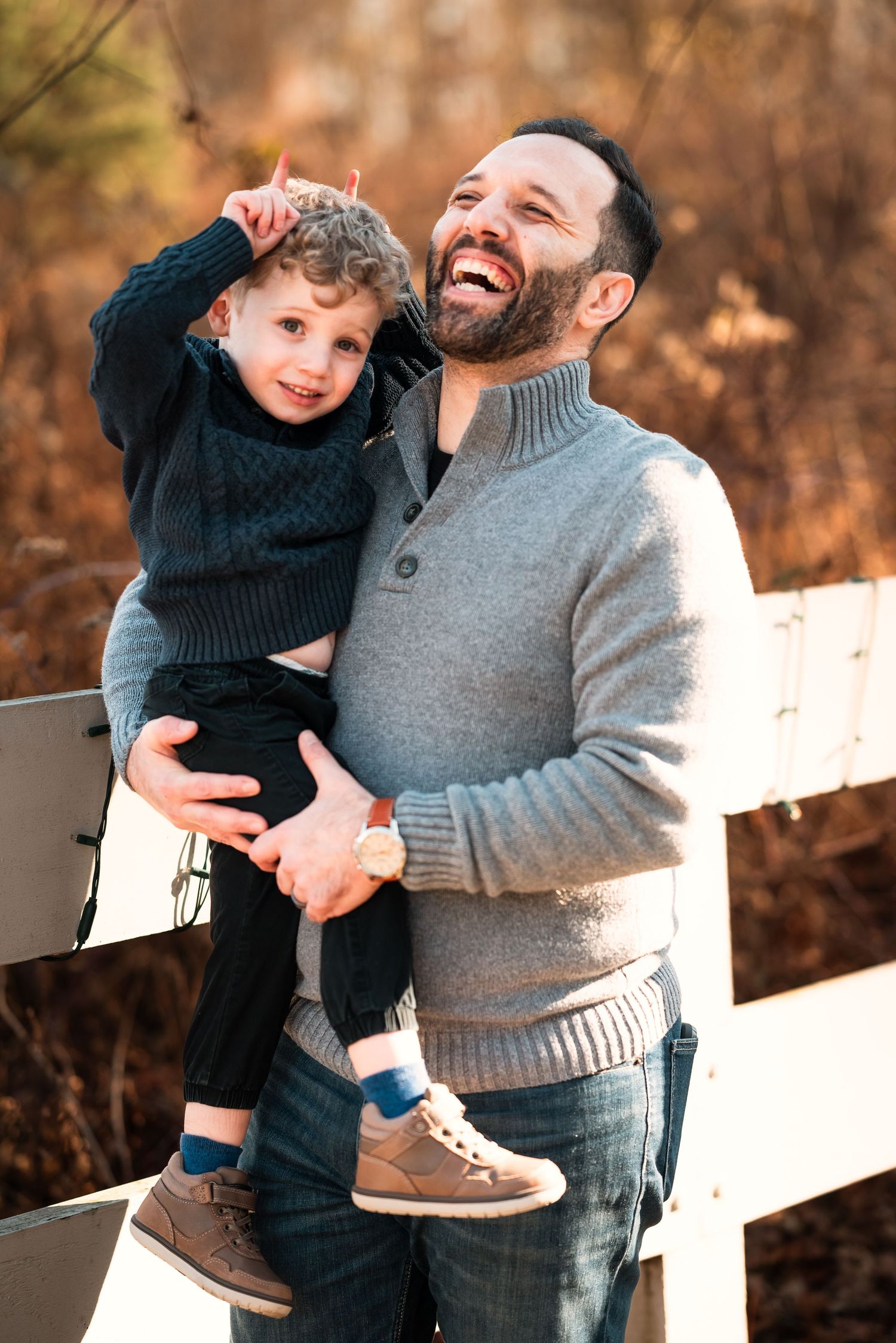 A heartwarming outdoor photo sequence showing joyful moments between a parent and child against an autumn backdrop.