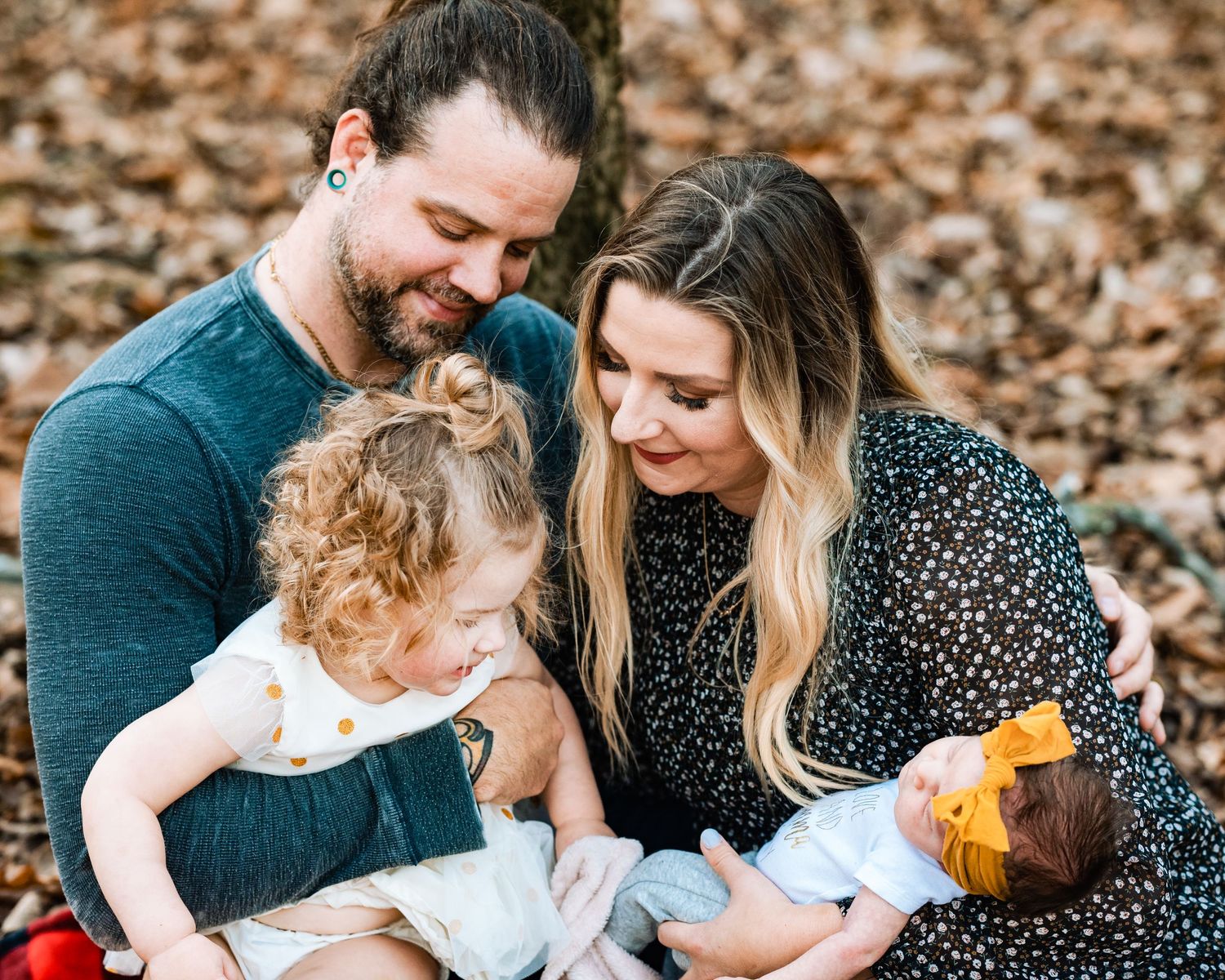 Family photo series showing loving interactions while sitting on a plaid blanket outdoors.