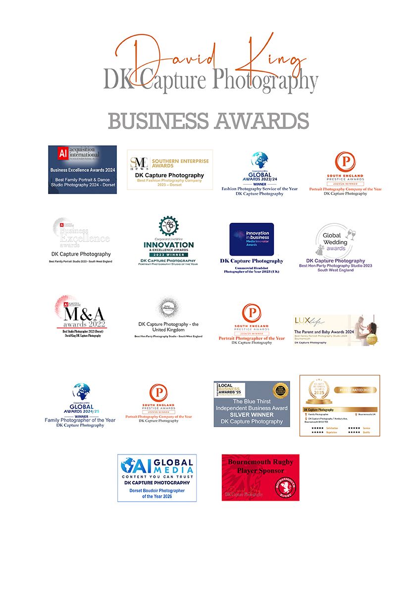 A collection of business award badges and membership logos arranged in a grid format with DK Capture Photography branding.