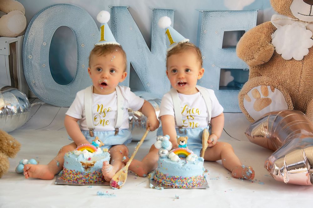 Twin babies in party hats sit with their birthday cakes against a blue ONE backdrop with teddy bears.