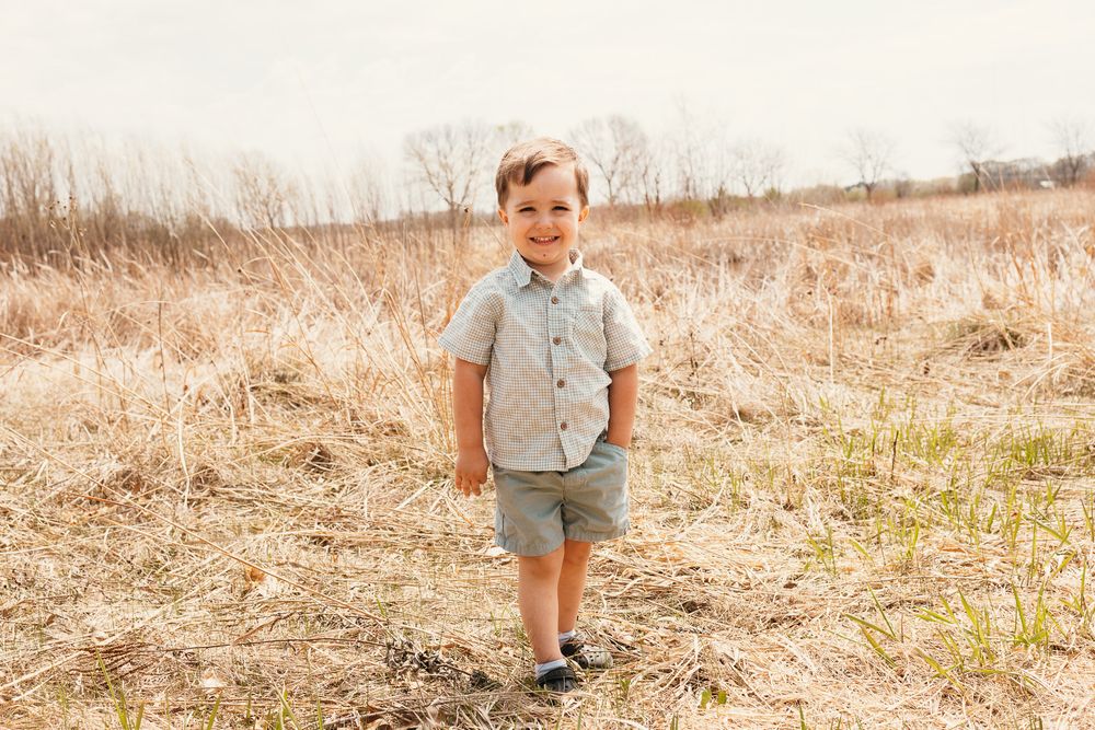 Smiling toddler boy in a plaid shirt and green shorts standing in a golden field during spring.