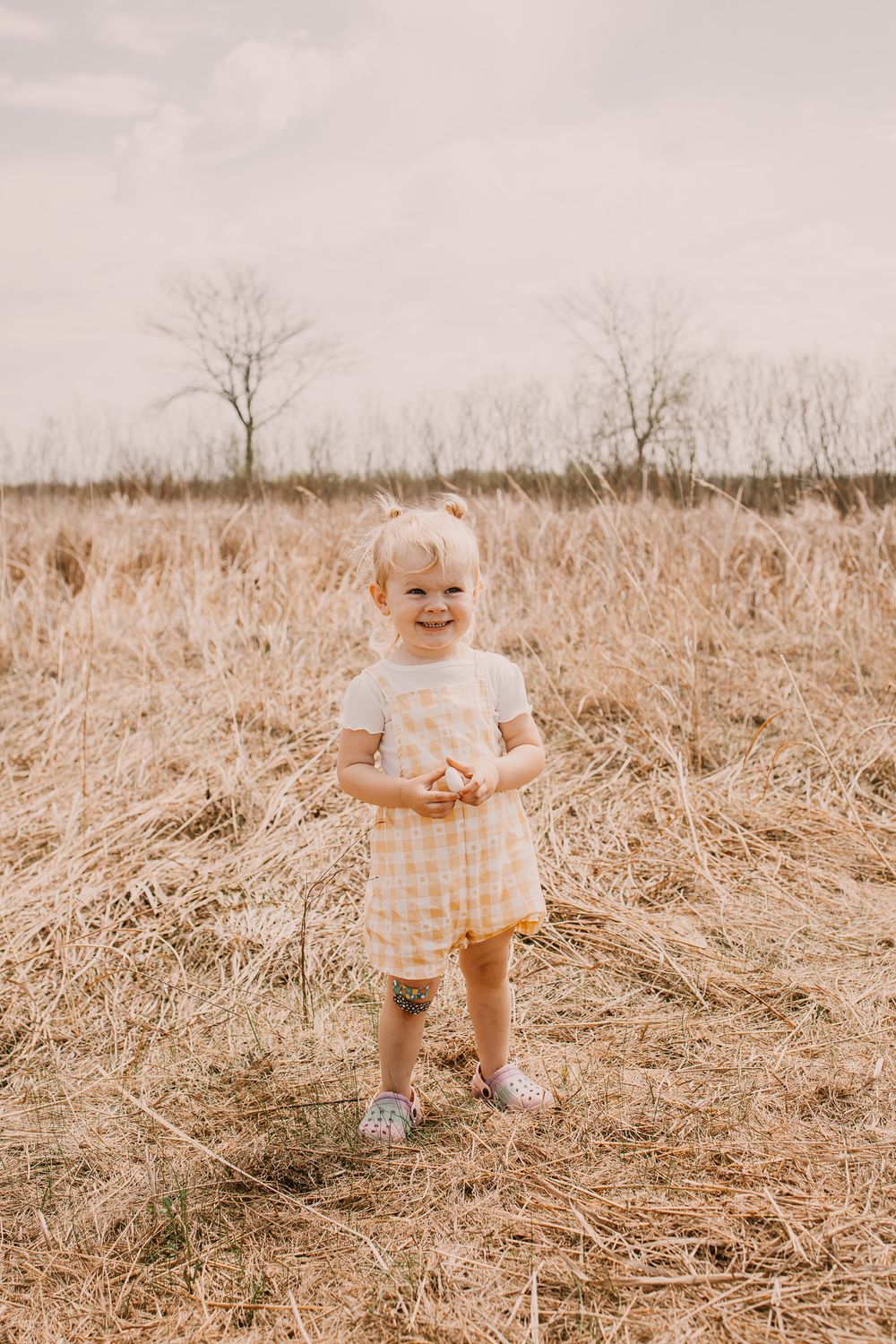 Smiling toddler girl in plaid skirt standing in a golden dry grass field with bare trees in the background.