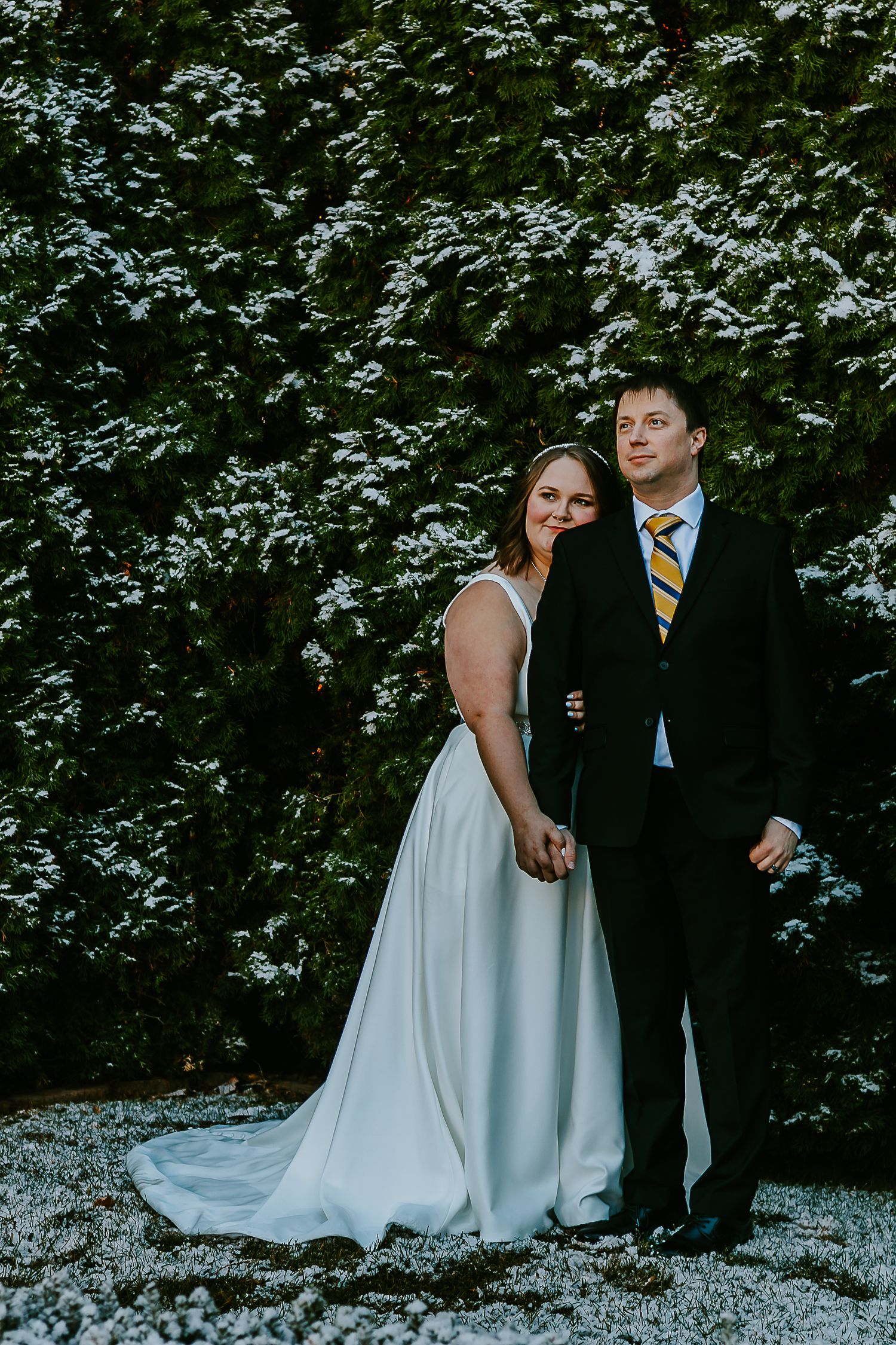 Bride and groom pose together in front of snow-dusted evergreen hedge, she in white gown, he in black suit with striped tie.